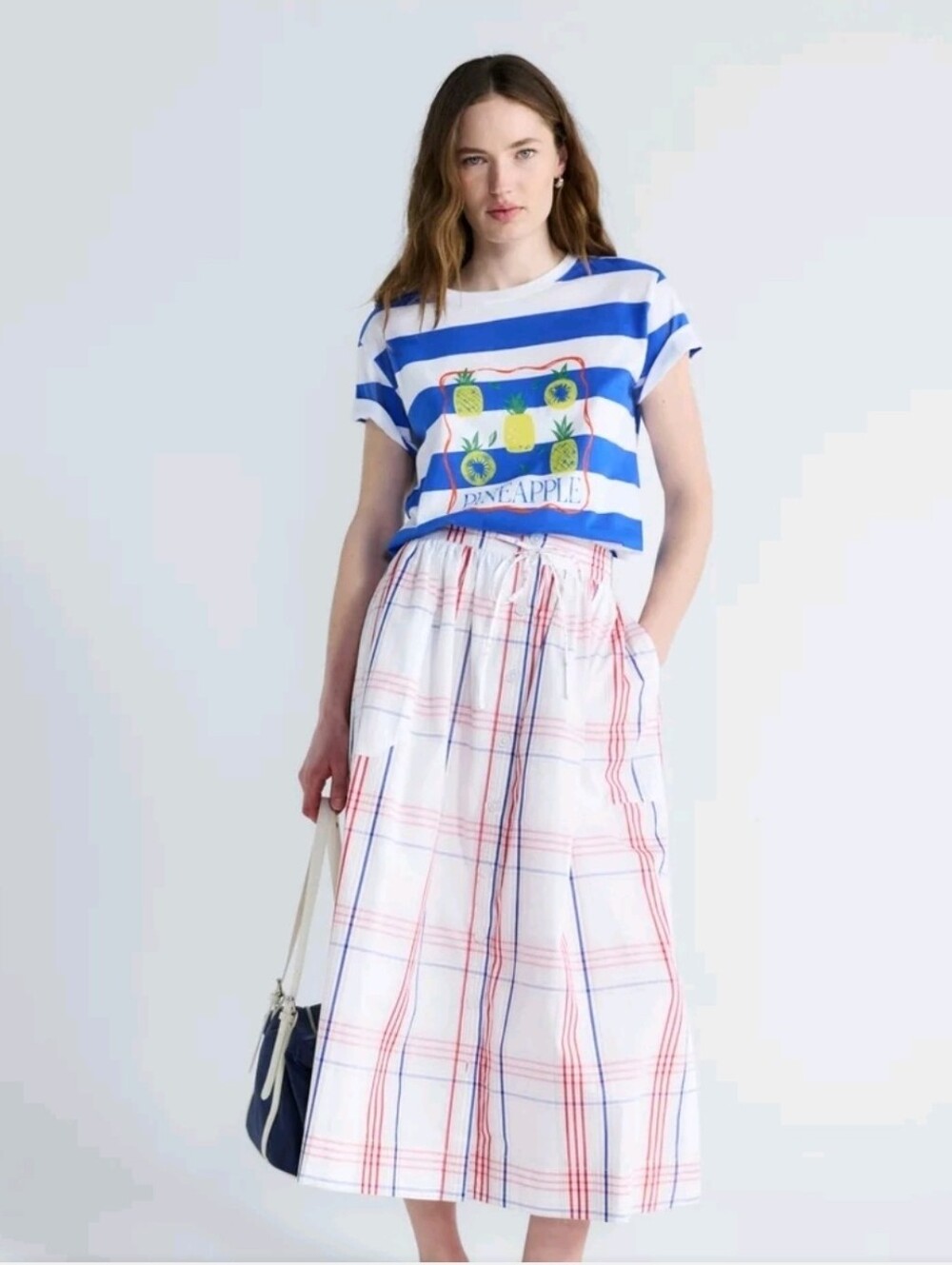 White Maxi Skirt with Red & Blue Windowpane Plaid